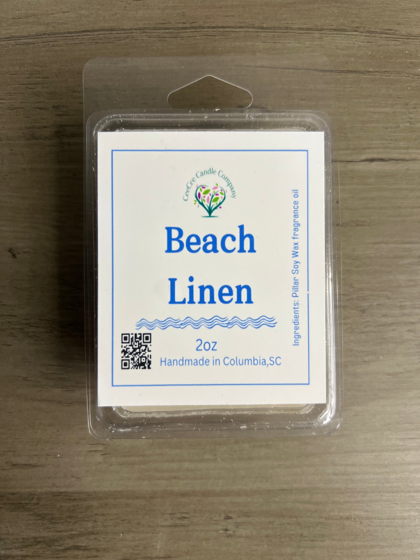 A plastic package labeled "Beach Linen," 2oz soy wax melts by CeeCee Candle Company, handmade in Columbia, SC. Label lists soy and fragrance oil, has a QR code, and is part of the Build Your Own Wax Melts Bundle customizable combo.