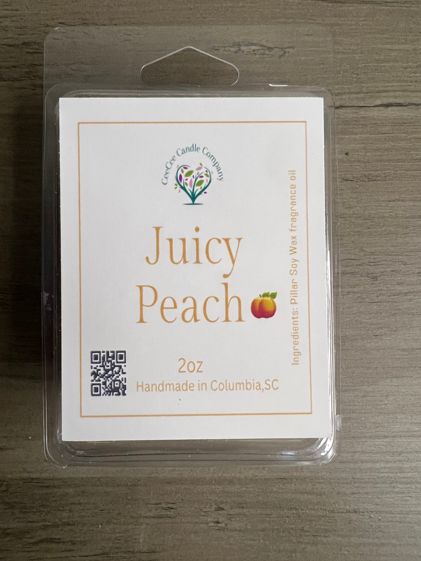 The "Build Your Own Wax Melts Bundle" from CeeCee Candle Company features 2oz handmade soy melts crafted in Columbia, SC with pure wax and fragrance oil. Custom scent combos available. Includes branded tree logo with peach icons.