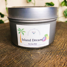 Load image into Gallery viewer, handmade all natural island dream scented tin can candle
