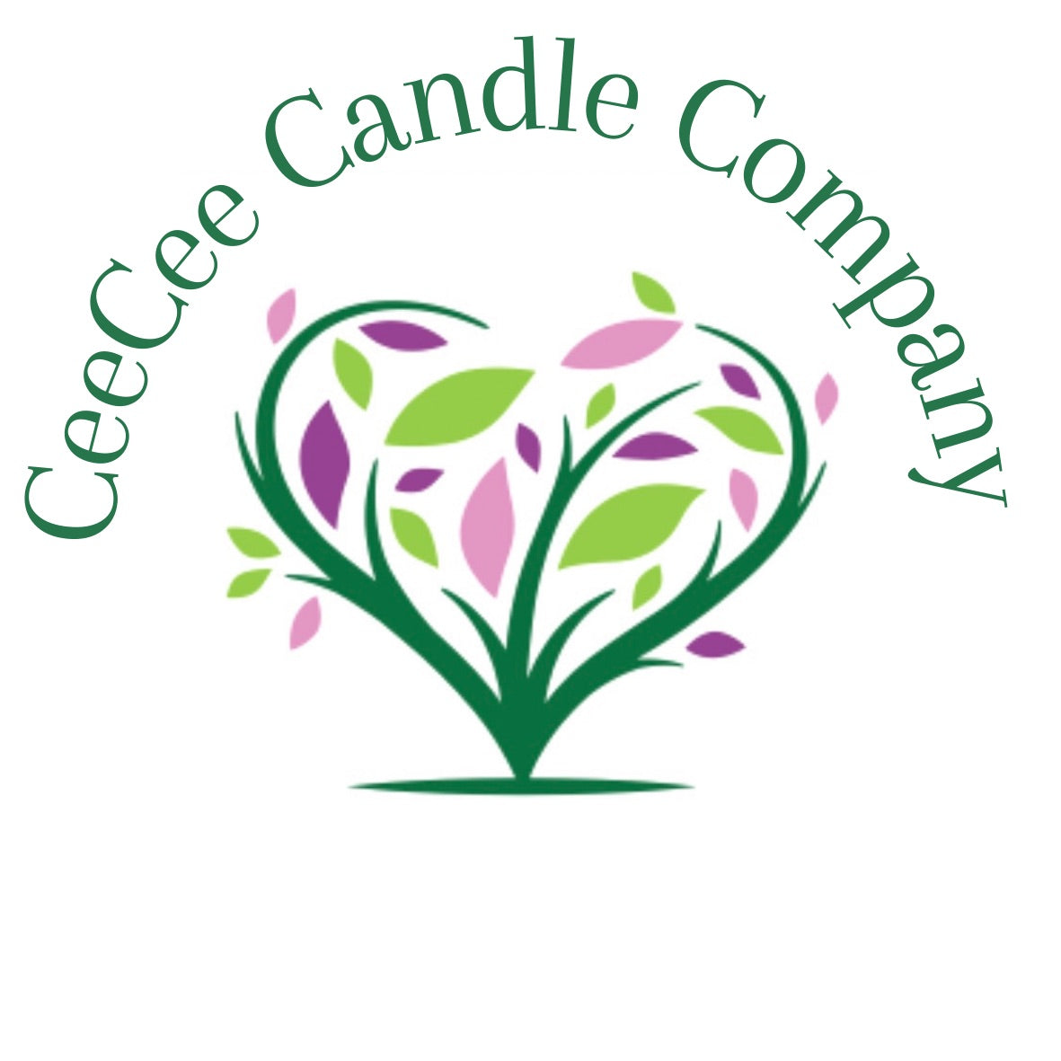 Logo for CeeCee Candle Company featuring a green tree with pink and green leaves shaped like a heart, with the company name curved above in green text.