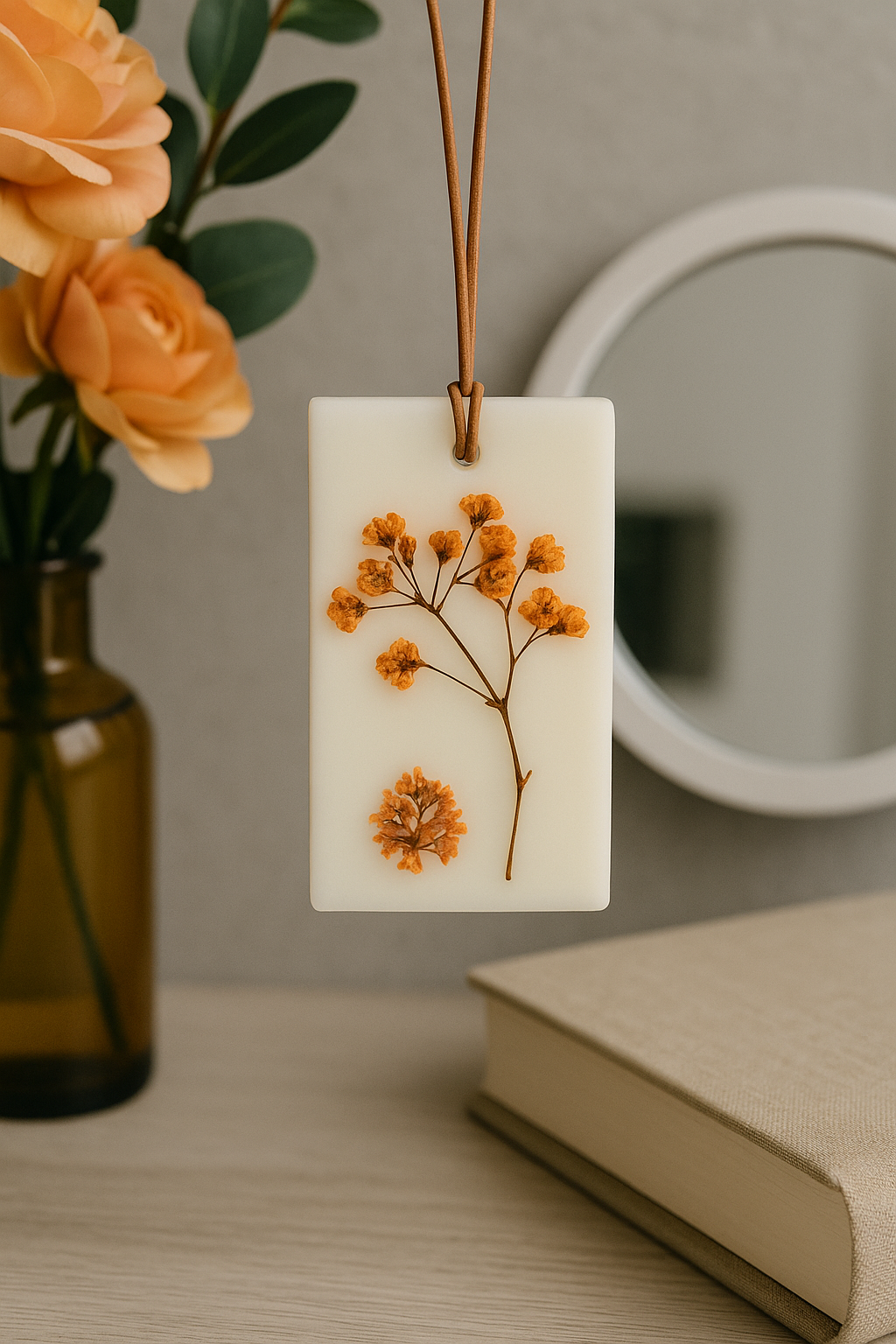 A rectangular white soy Wax Sachet by CeeCee Candle Company, adorned with pressed dried flowers and hanging from a brown cord, is displayed with an amber vase of orange blooms, a round mirror, and a closed beige book on a wooden surface.