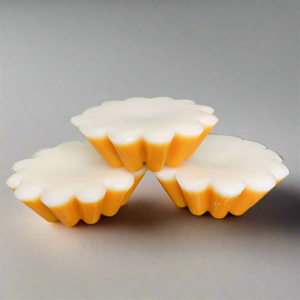Three yellow and white Candle Tart Melts from CeeCee Candle Company, each with a scalloped edge and round shape, are stacked in a small pyramid against a plain background.