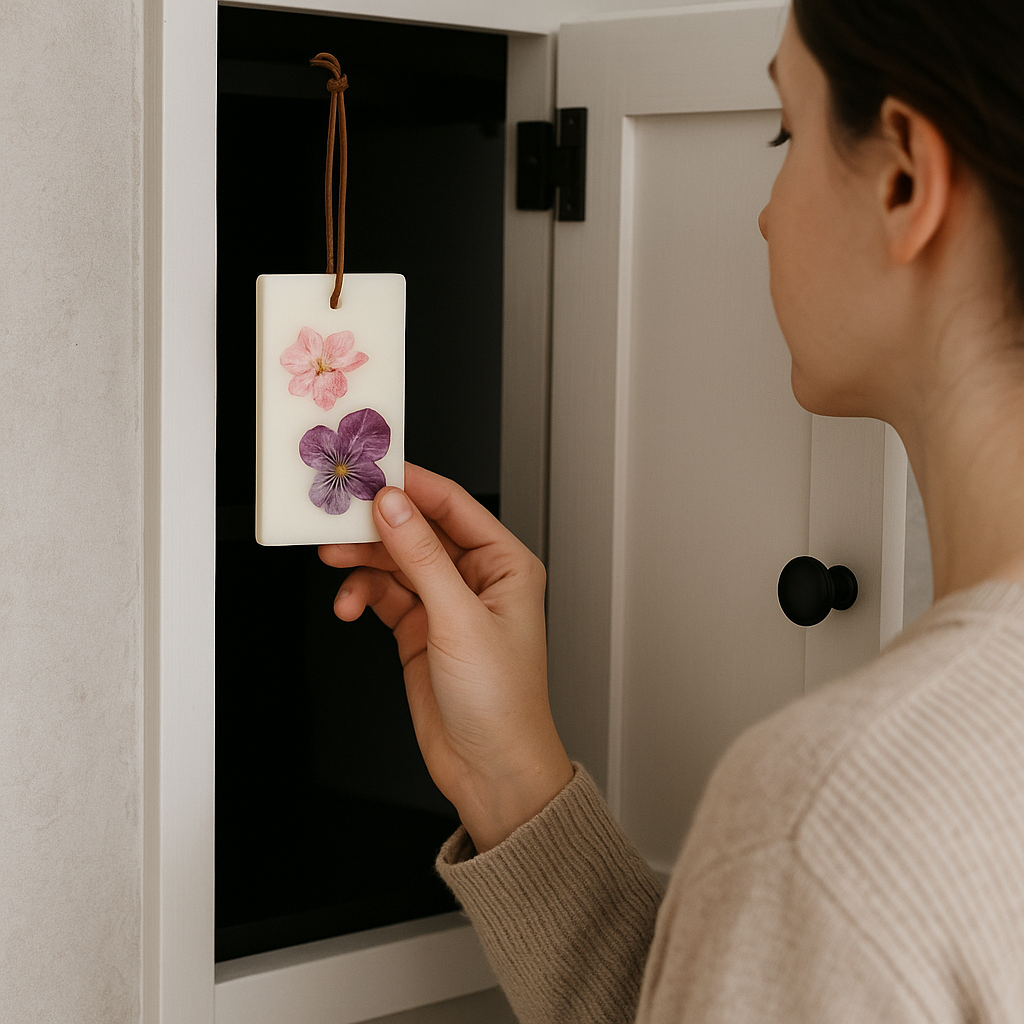 A woman holds a CeeCee Candle Company Wax Sachet, made from soy wax and decorated with pink and purple dried flowers, near an open white cabinet door.