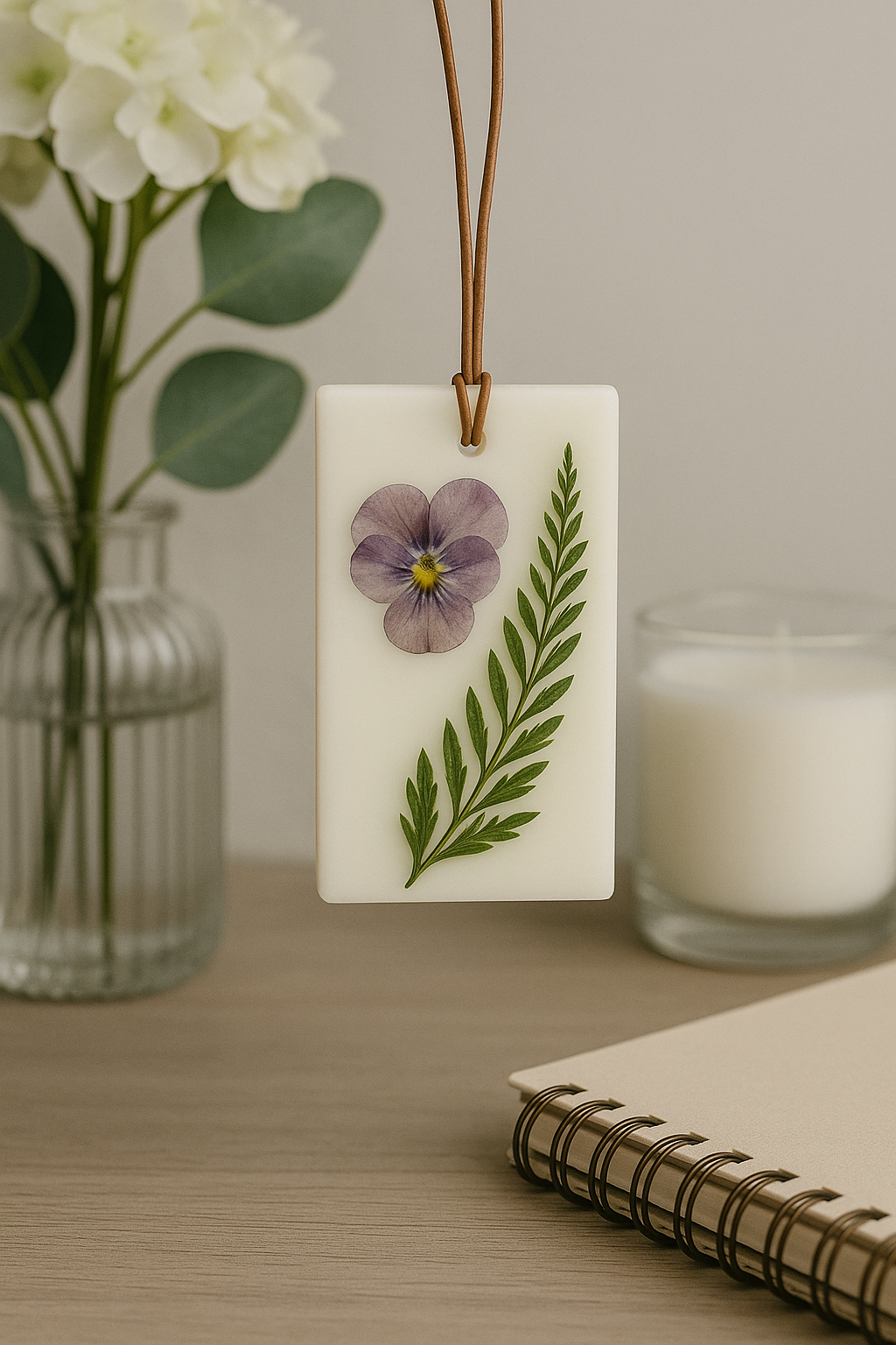A rectangular Wax Sachet by CeeCee Candle Company, crafted from soy wax and decorated with dried purple flower and green fern, hangs by a brown string. Behind it are a glass vase with white flowers, lit candle, and spiral notebook.